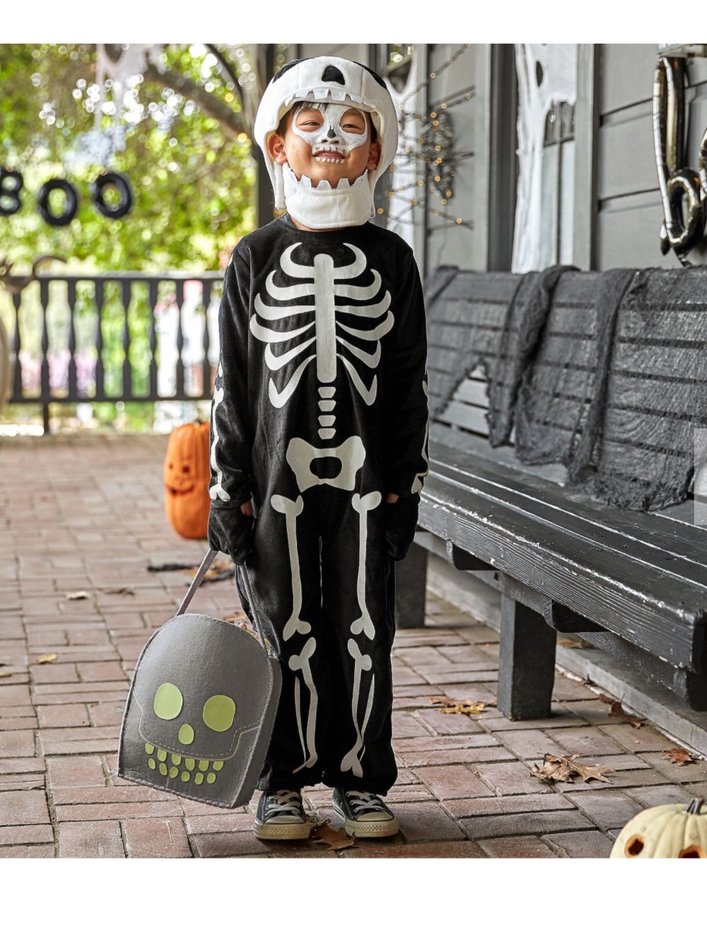 Pottery Barn Kids Glow Skeleton Costume Jumpsuit + Skull Hood